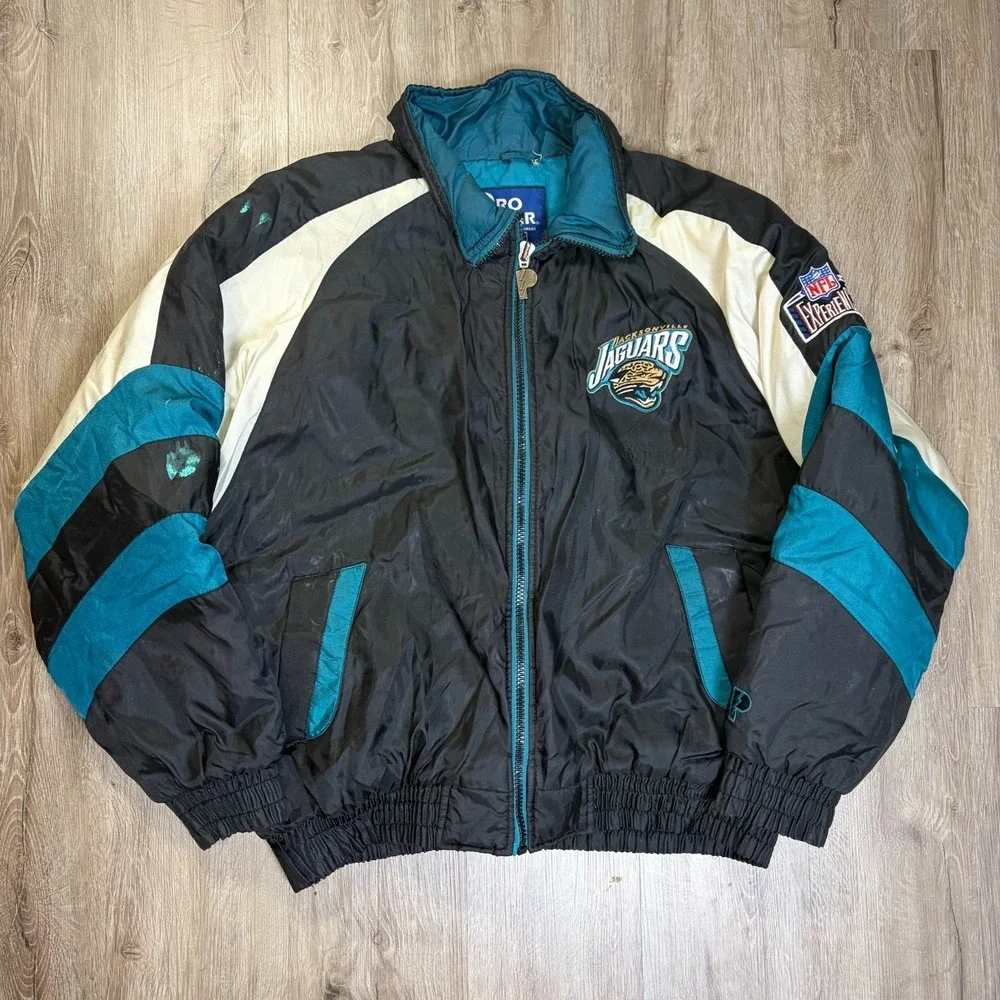 VTG Jacksonville Jaguars Puffer Jacket Mens XL Full Zip Nylon NFL Vintage Black